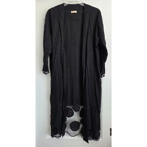 Khush Black Lace Trimmed Long Open Kimono Cardigan Boho Lightweight Sz M Beach